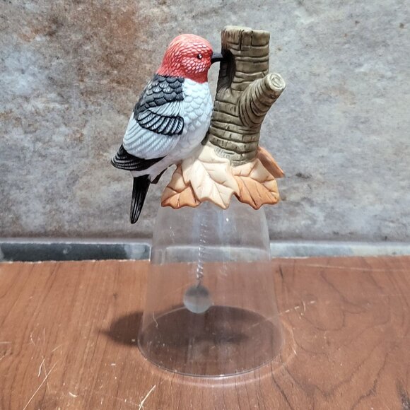 Red Headed Woodpecker Bird Figurine on Crystal Glass Bell Silver Tone Chain Glas - Picture 1 of 12